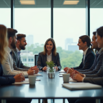 Groupe de professionnels en réunion dans un bureau lumineux