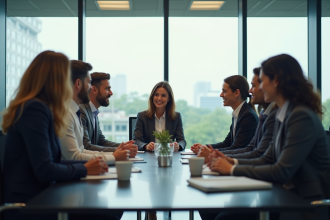 Groupe de professionnels en réunion dans un bureau lumineux