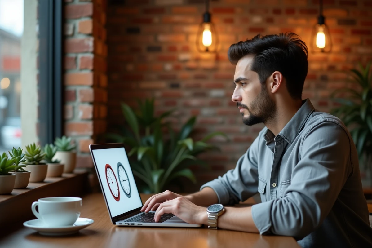 Jeune homme dans un café de Melbourne consultant un site de fuseaux horaires pour comparer l'heure entre Sydney et Melbourne sur son ordinateur portable