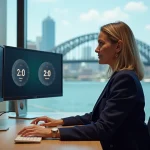 Femme professionnelle comparant l'heure de Sydney et Melbourne sur deux horloges numériques dans un bureau moderne avec vue sur la skyline de Sydney