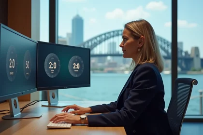 Femme professionnelle comparant l'heure de Sydney et Melbourne sur deux horloges numériques dans un bureau moderne avec vue sur la skyline de Sydney