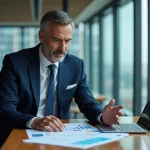 Homme d'affaires en costume regardant des graphiques financiers