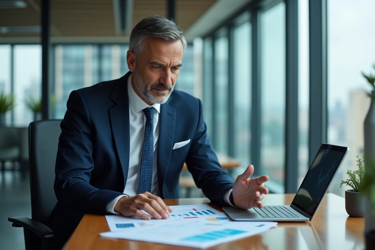 Homme d'affaires en costume regardant des graphiques financiers