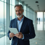 Homme d'affaires en costume bleu dans un bureau moderne