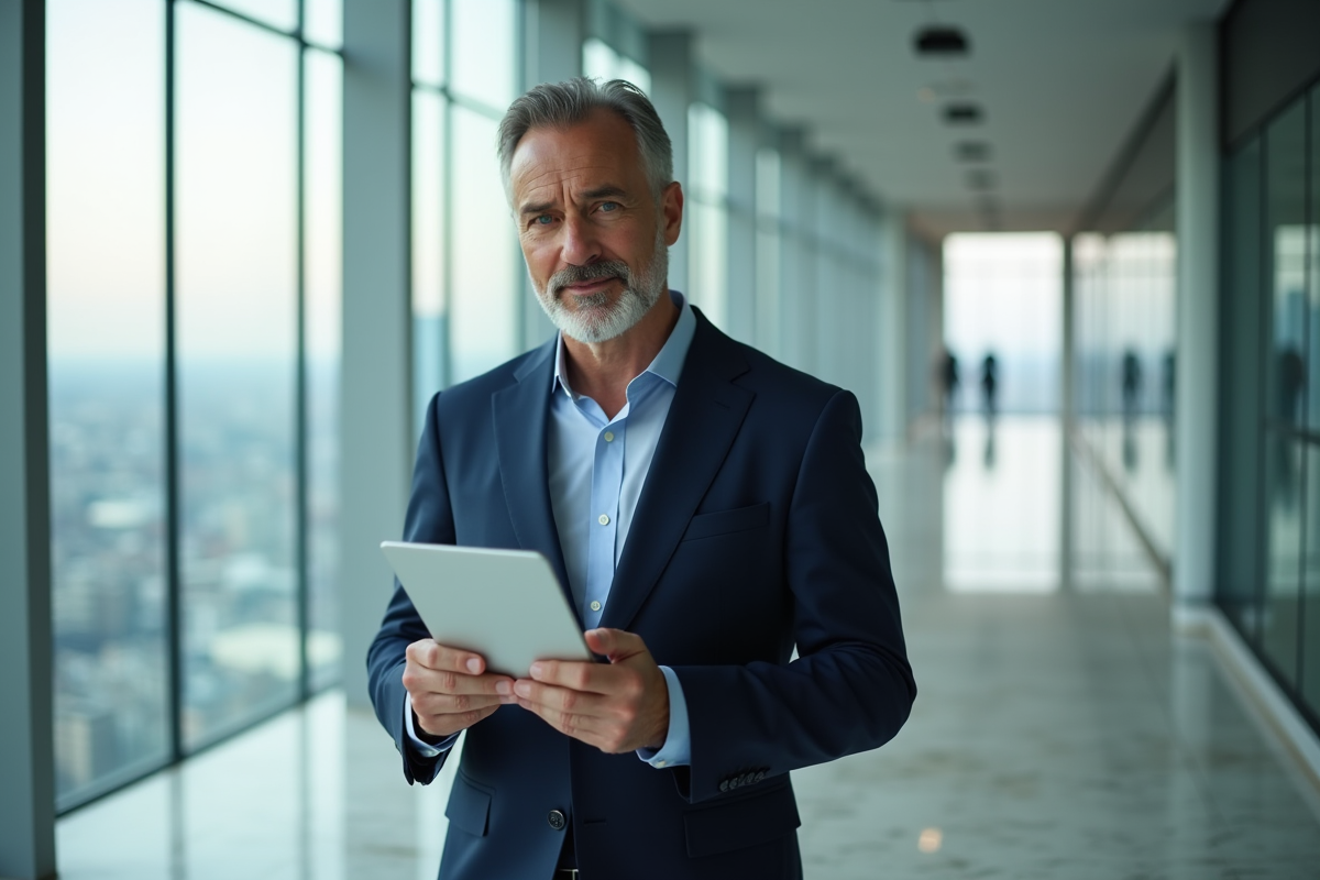 Homme d'affaires en costume bleu dans un bureau moderne