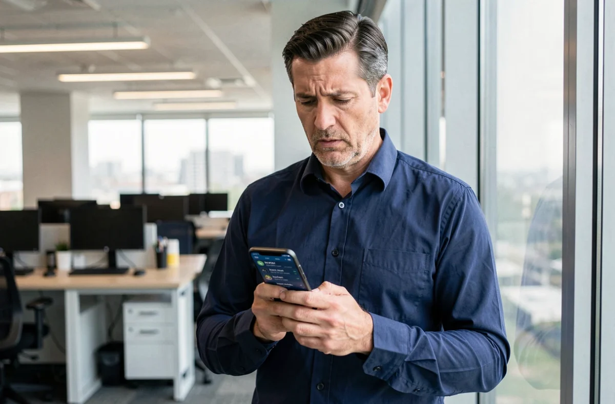 Homme en bureau consultant les journaux d'appels sur son smartphone Android pour détecter un blocage
