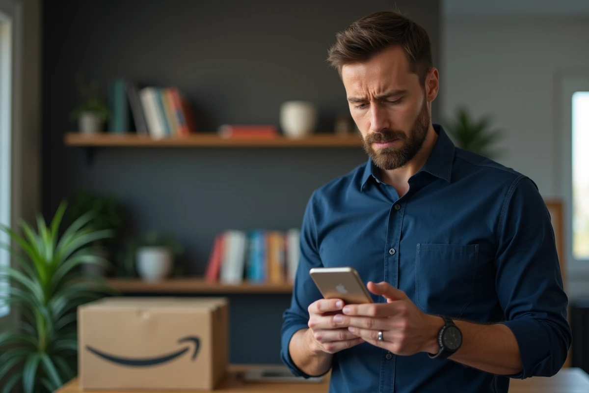 Homme tenant son téléphone avec un numéro inconnu affiché et un colis Amazon sur son bureau