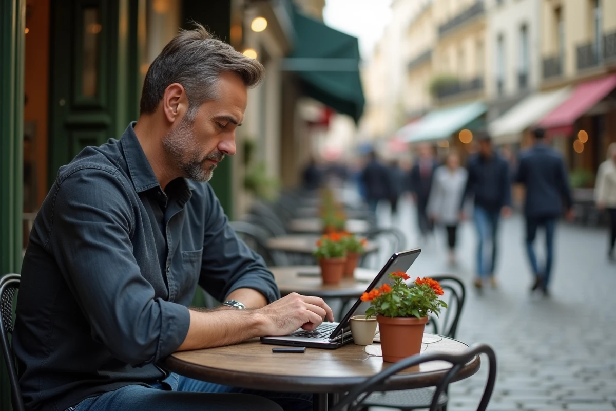 Homme consultant un blog sur une tablette en terrasse de café dans une rue pavée parisienne
