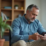 Homme d'âge moyen dans un bureau à domicile regardant son smartphone