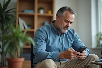 Homme d'&acirc;ge moyen dans un bureau &agrave; domicile regardant son smartphone