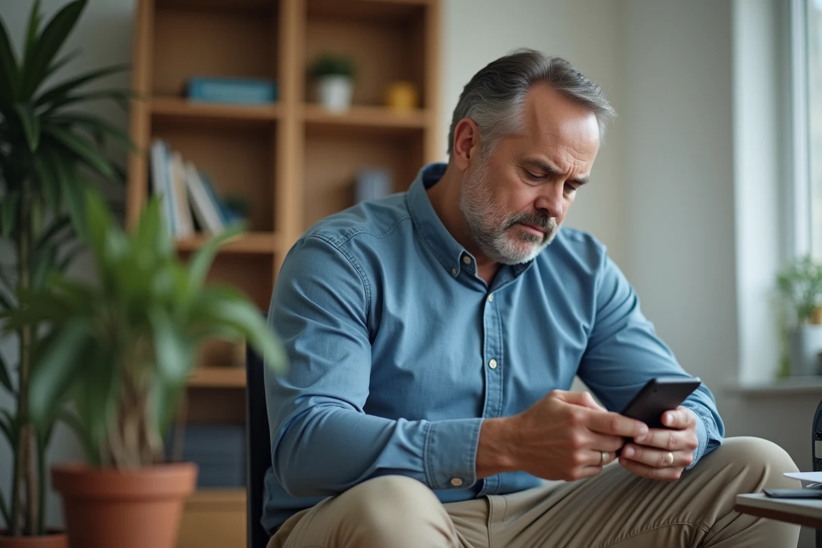 Homme d'âge moyen dans un bureau à domicile regardant son smartphone