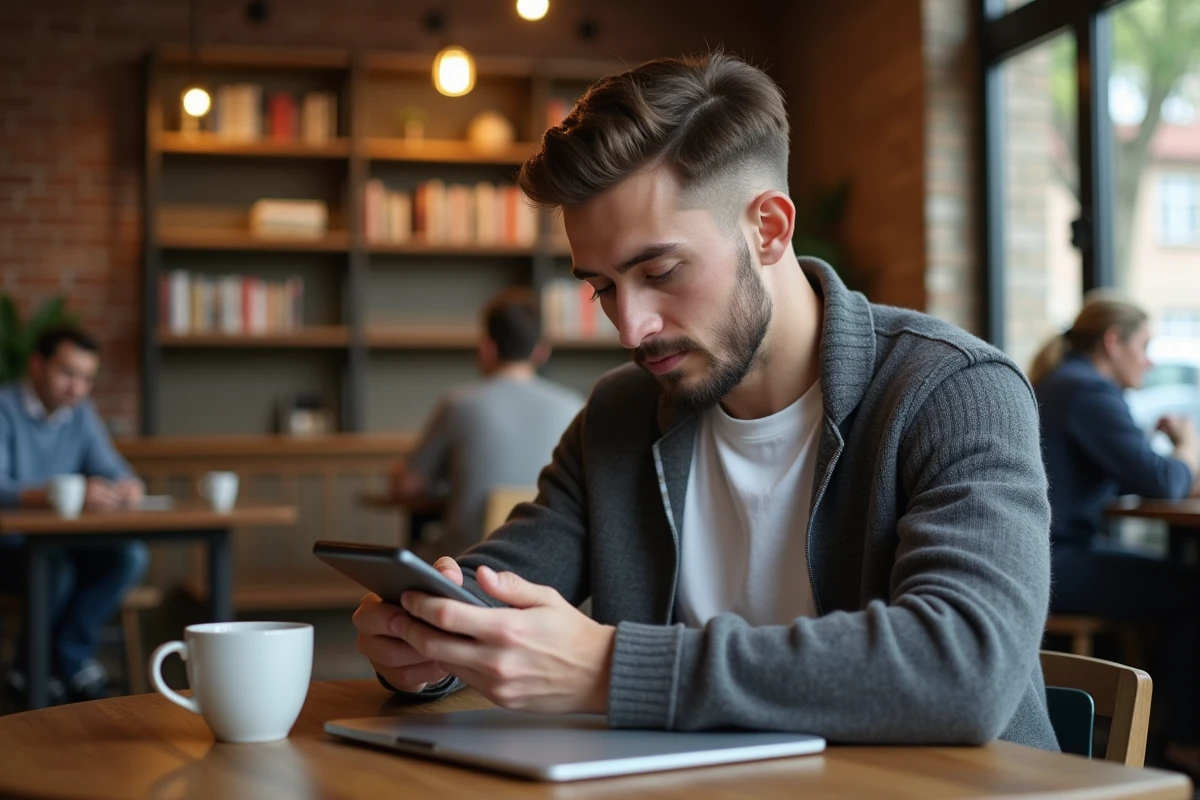 Jeune homme au café utilisant son smartphone pour rechercher