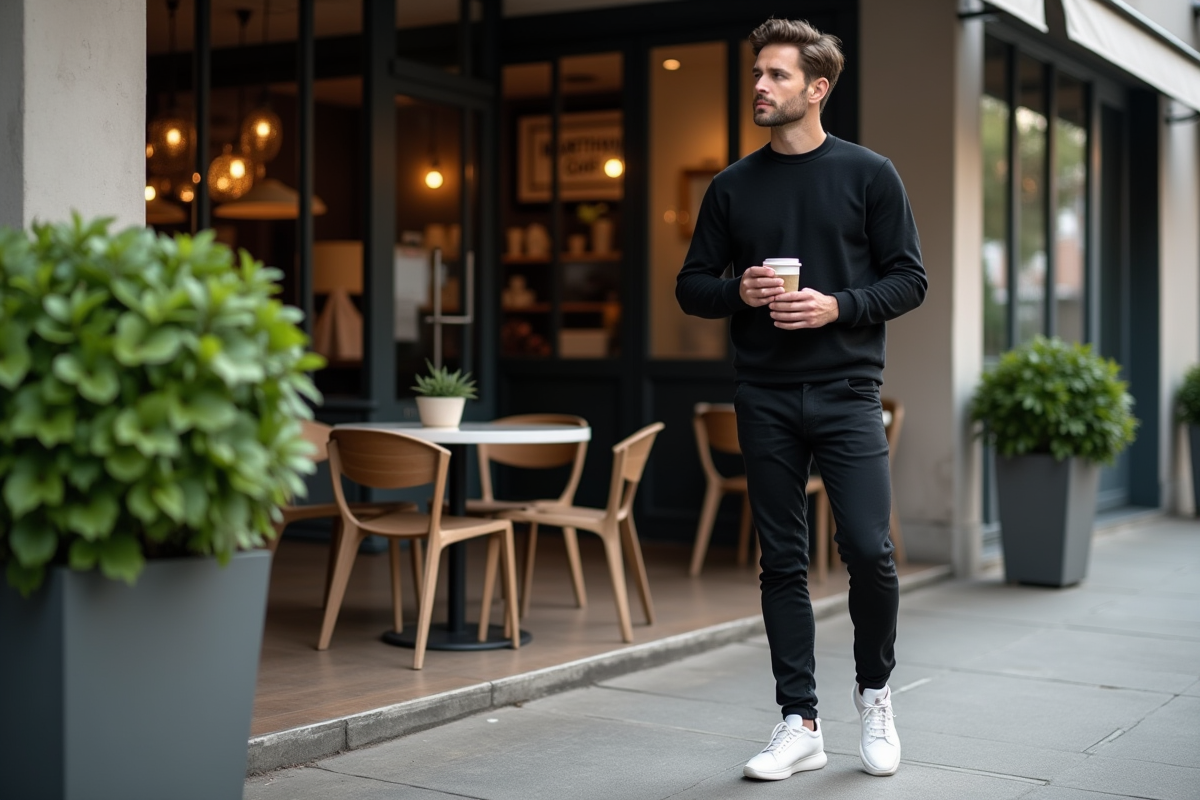 Homme stylé avec café devant un café moderne