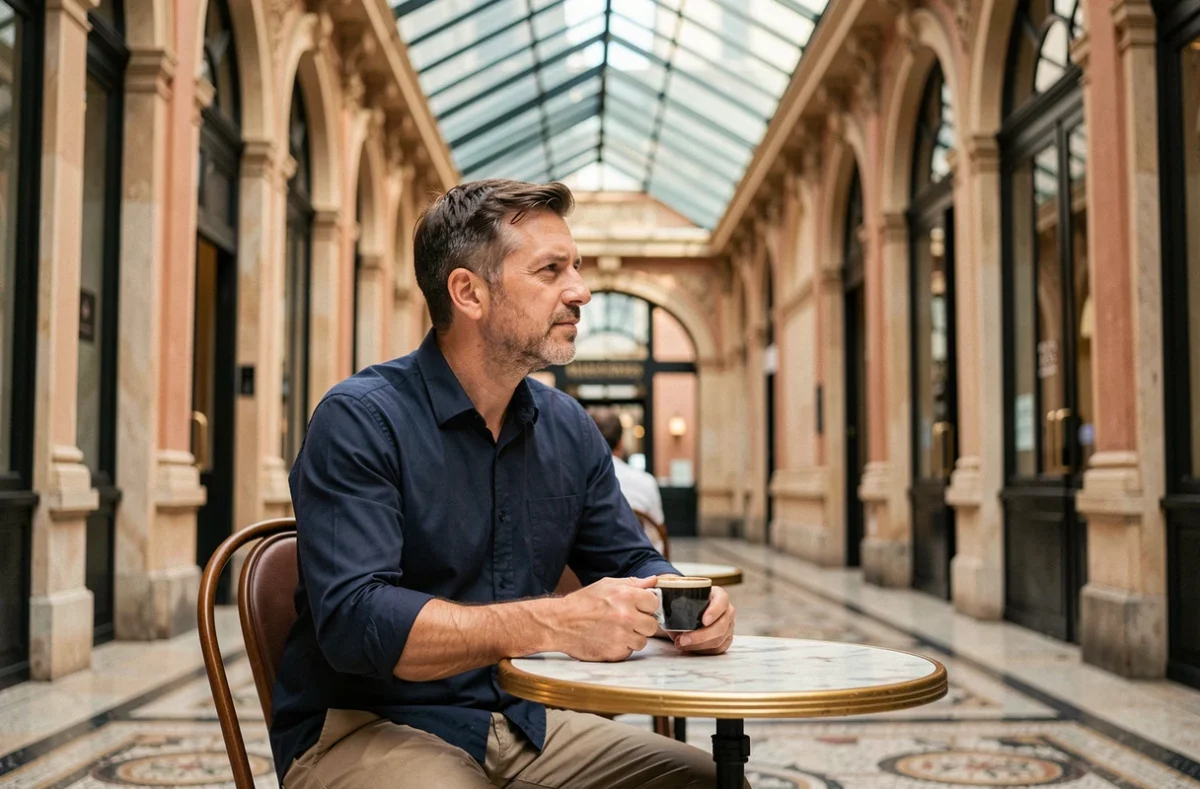 Homme savourant un café à une petite terrasse intérieure du Passage Vivienne à Paris