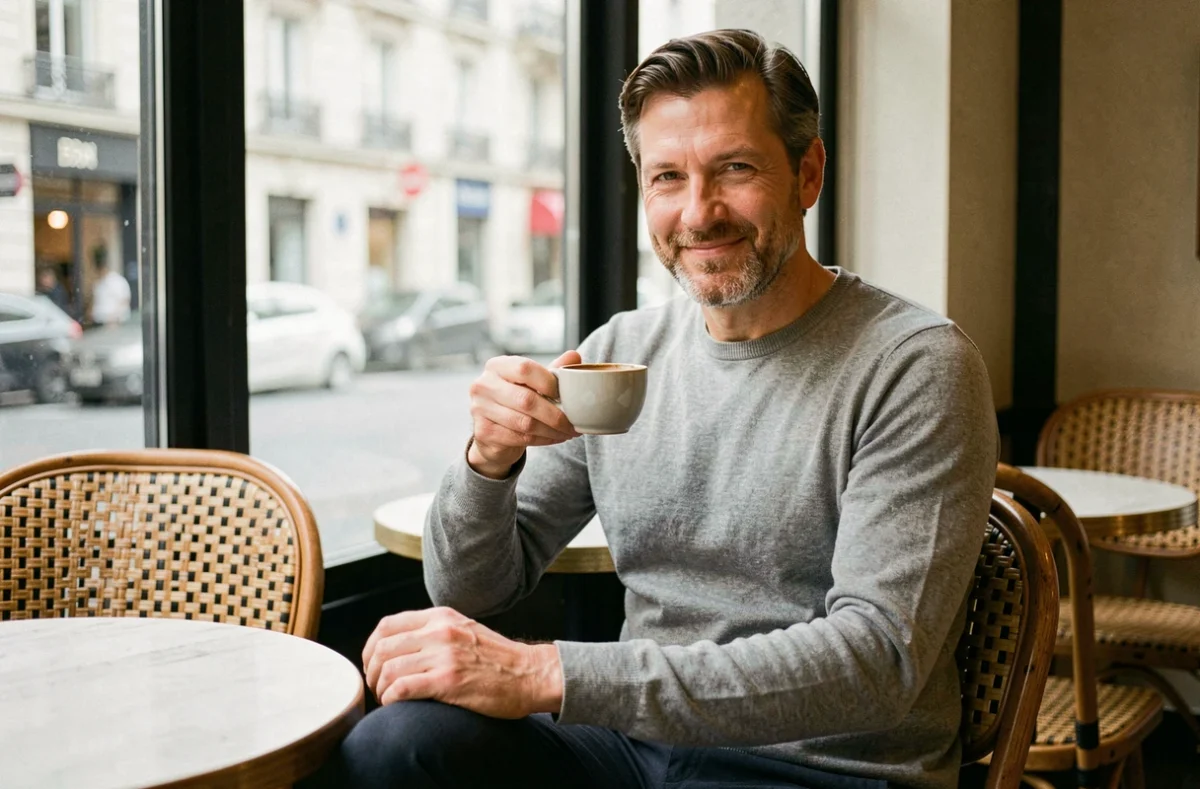 Homme charismatique attablé dans un café parisien chic avec un expresso, portrait éditorial décontracté