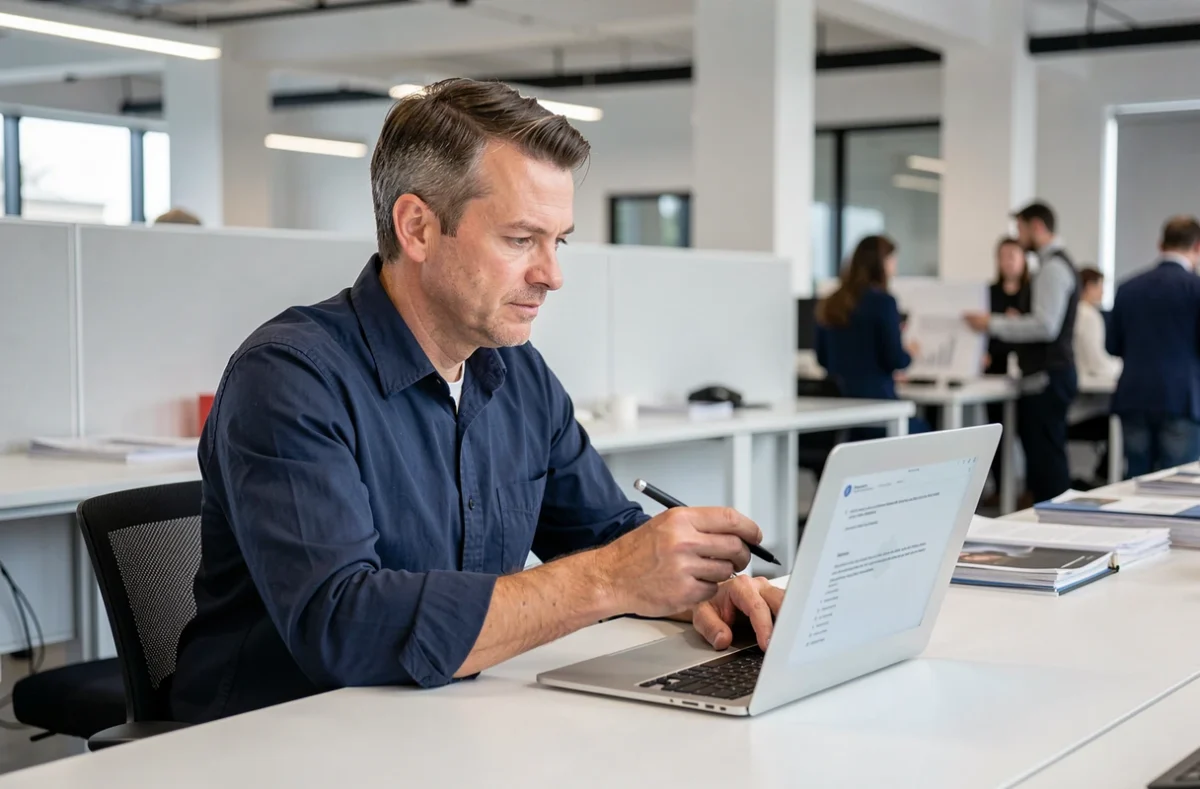 Homme d'une quarantaine d'années relisant un document sur son ordinateur portable dans un bureau moderne, symbolisant la correction orthographique et grammaticale