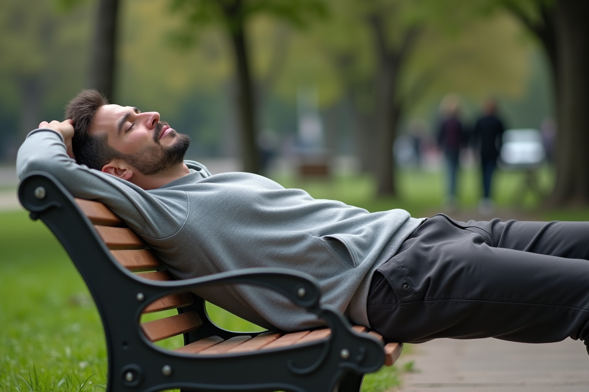 Homme allongé sur un banc de parc en milieu urbain