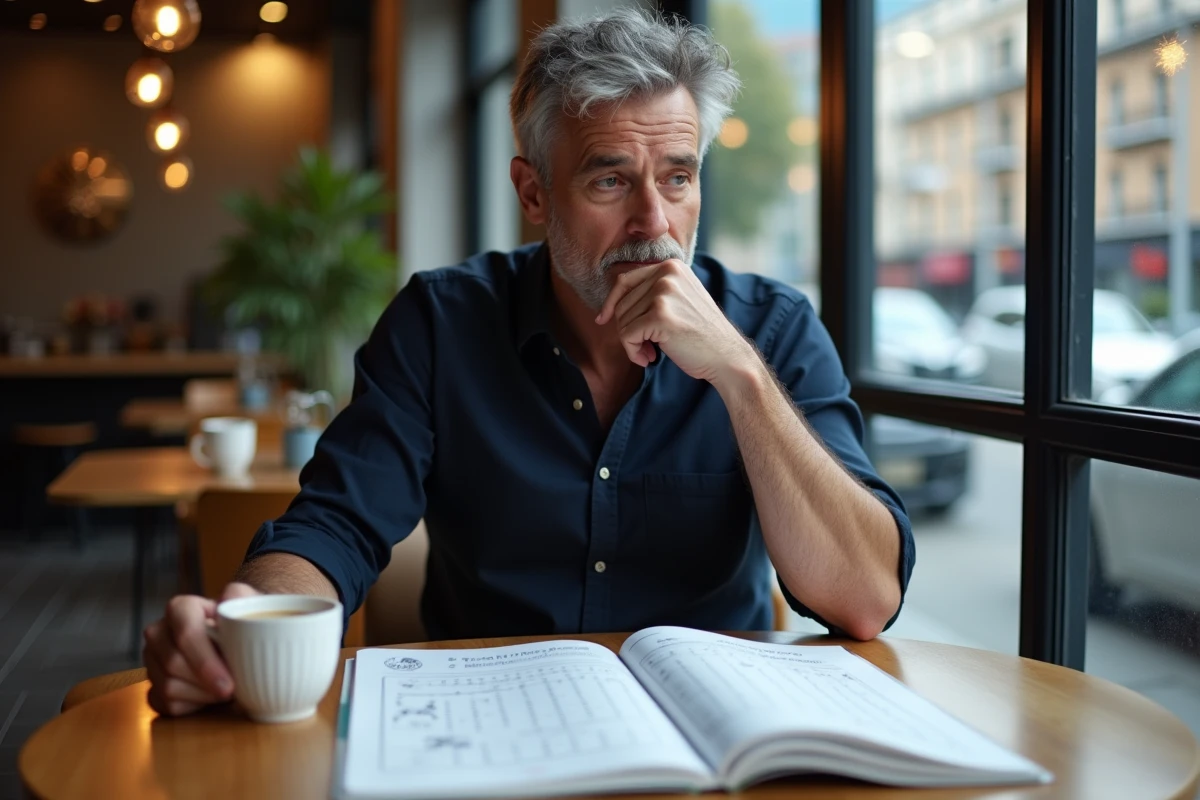 Homme d'âge mûr en train de résoudre une énigme logique dans un café urbain avec un livret de puzzles imprimés