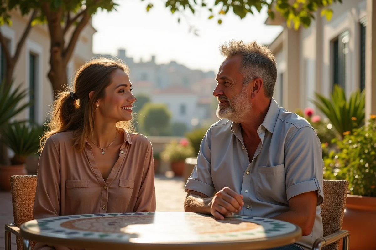 Homme et femme discutant sur une terrasse ensoleillee