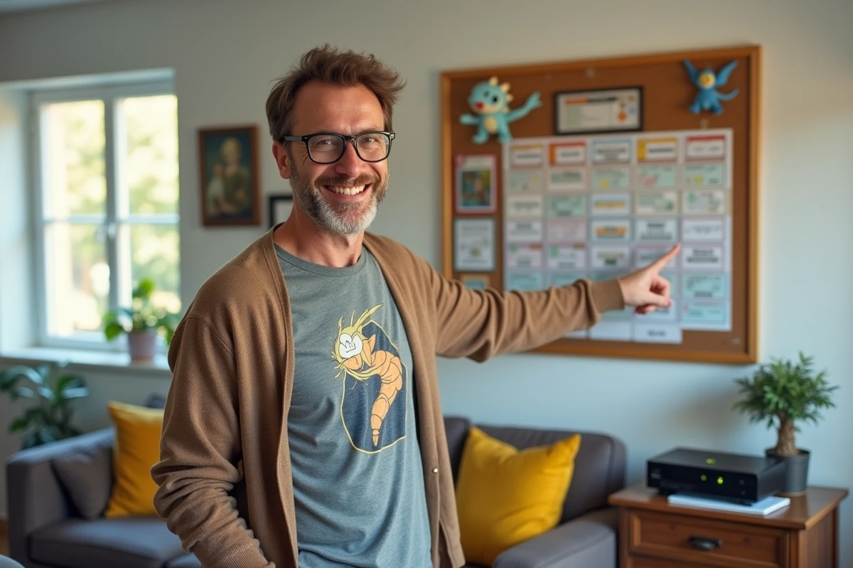 Homme souriant pointant son tableau de stratégie Nuzlocke