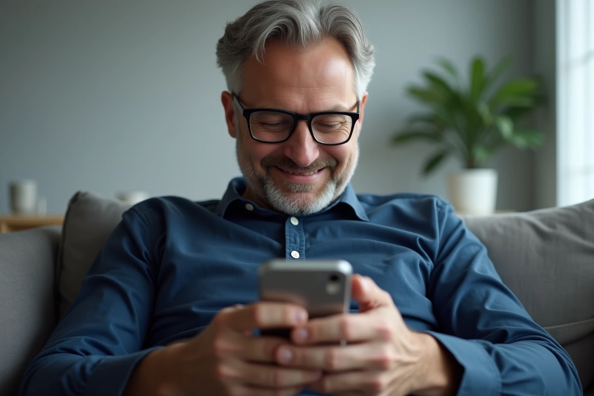 Homme jouant à un jeu de vocabulaire en ligne sur smartphone dans un salon minimaliste moderne