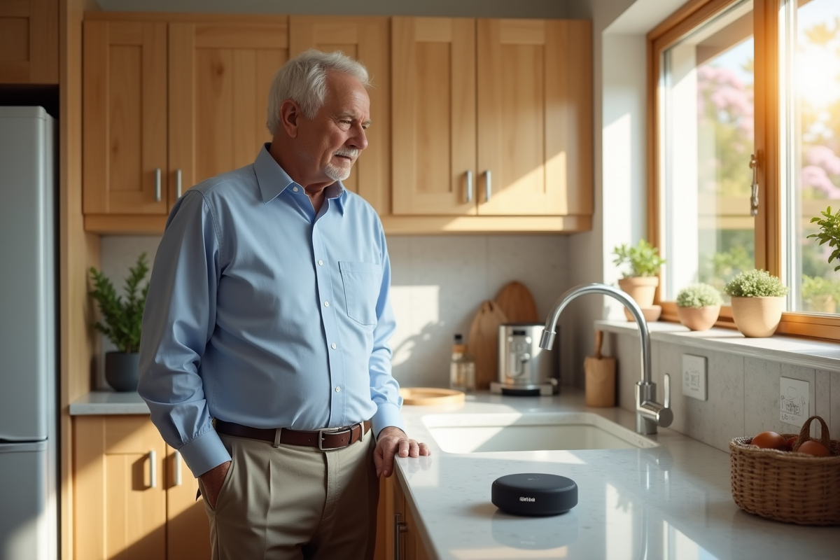 Homme âgé parlant à un assistant vocal dans la cuisine lumineuse