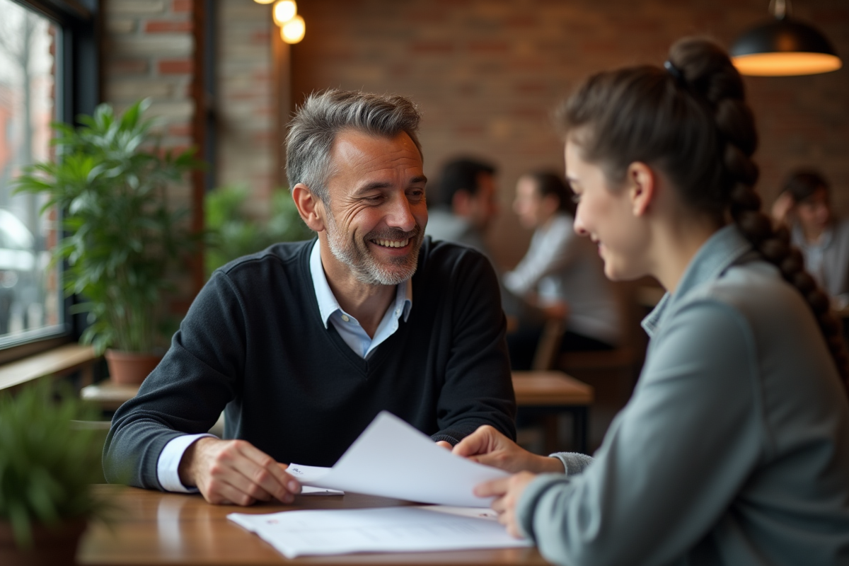Homme en café examinant un document avec une jeune femme