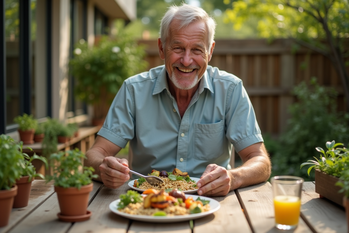 Homme dégustant un repas sain en extérieur dans le jardin