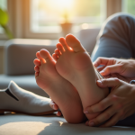 Homme d'âge moyen se massant les pieds dans un salon lumineux