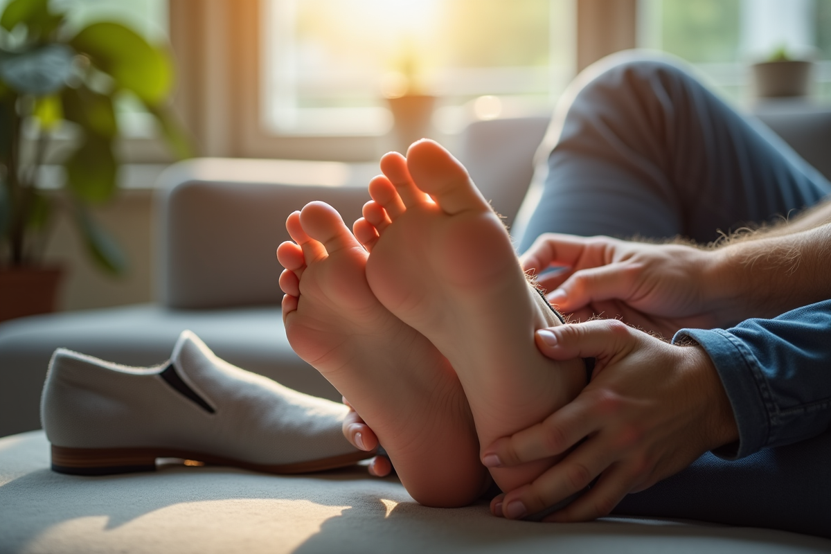 Homme d'âge moyen se massant les pieds dans un salon lumineux