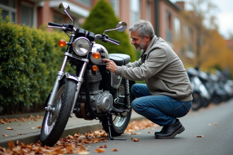 Homme inspectant une moto Dax 125 dans la rue