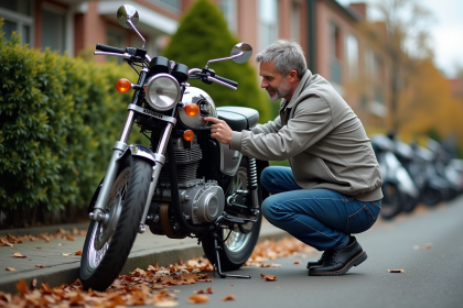 Homme inspectant une moto Dax 125 dans la rue