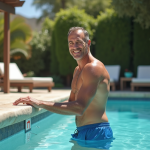 Homme en maillot bleu pointant la profondeur de la piscine