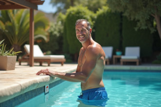 Homme en maillot bleu pointant la profondeur de la piscine