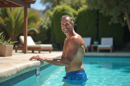 Homme en maillot bleu pointant la profondeur de la piscine