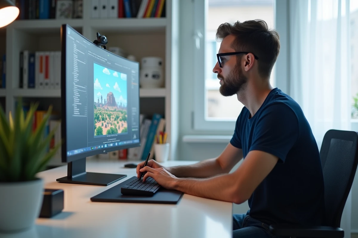 Homme adulte créant un dessin pixel art sur ordinateur avec tablette graphique dans un bureau minimaliste moderne, exercice de concentration
