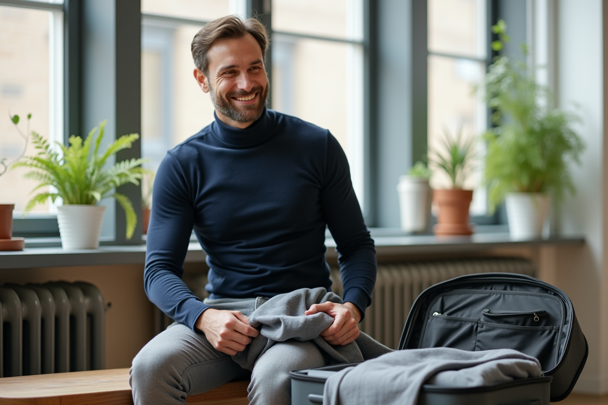 Homme pliant un vêtement dans un salon lumineux