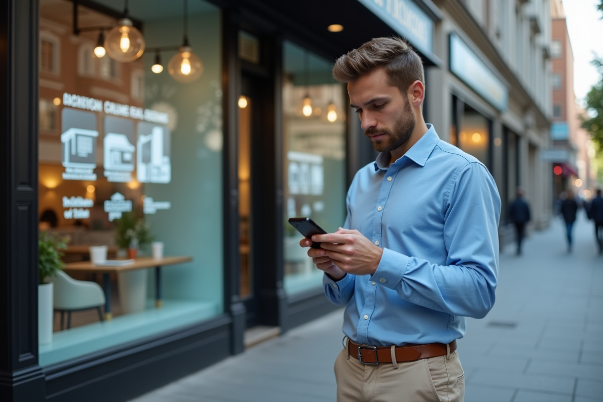 Jeune homme scannant un QR code devant une agence immobiliere digitale