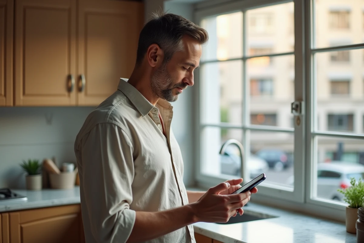 Homme lisant les résultats d'un quiz spirituel sur son smartphone dans une cuisine moderne