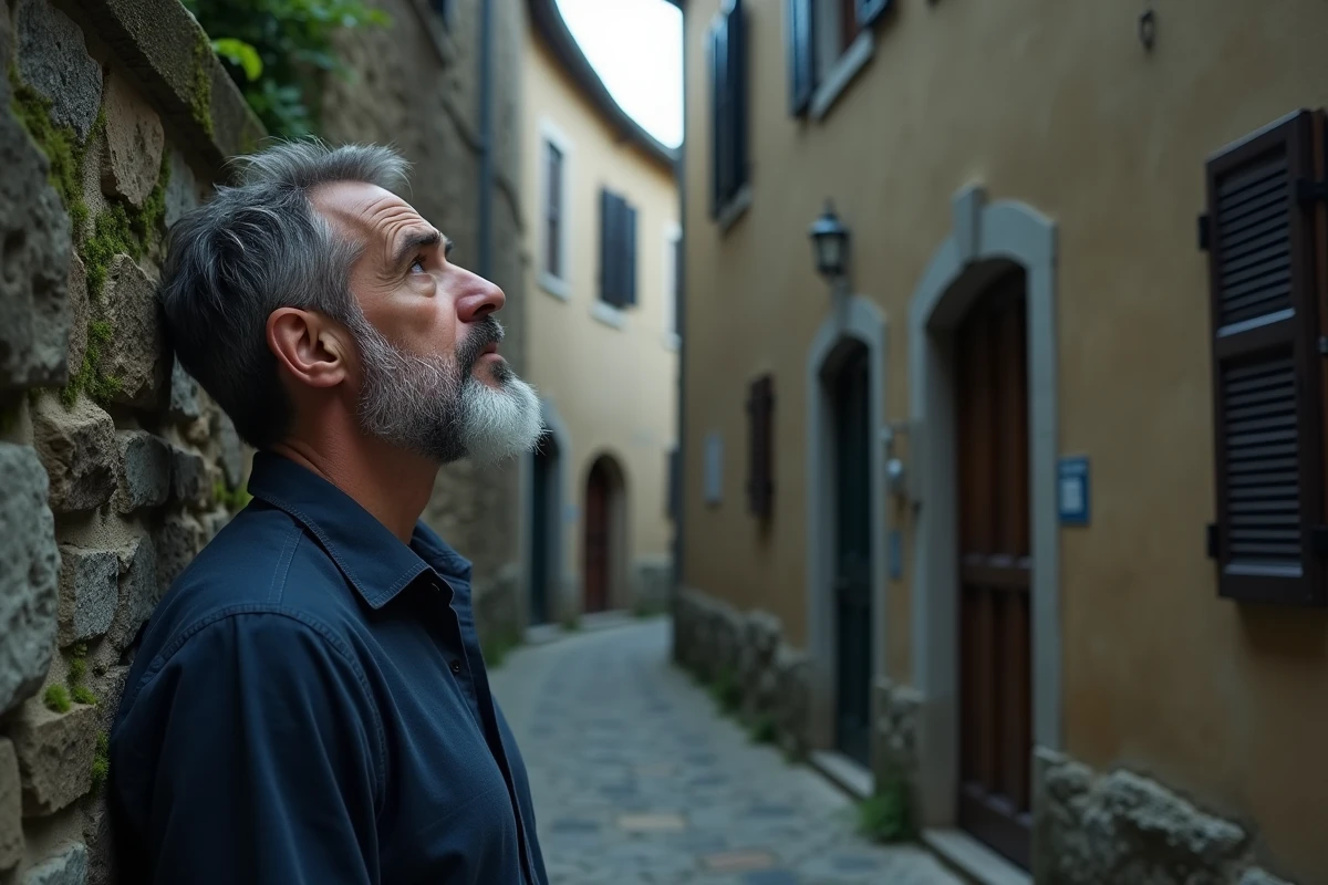 Homme méditatif dans une ruelle en pierre européenne évoquant la quête de sens et les messages spirituels liés au nombre 0110