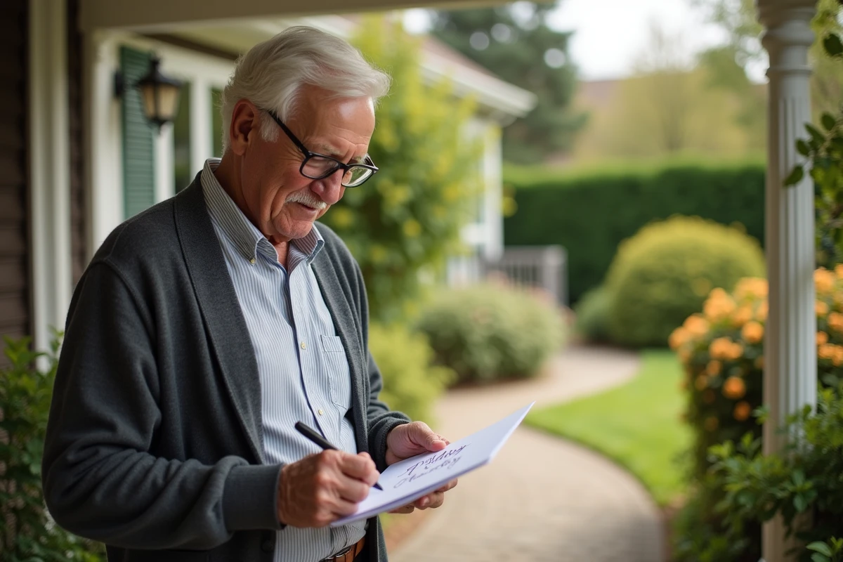 Homme &acirc;g&eacute; signant une carte dans son jardin