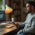 Homme d'&acirc;ge moyen avec smartphone ancien &agrave; la maison