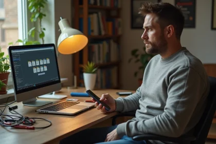 Homme d'&acirc;ge moyen avec smartphone ancien &agrave; la maison