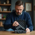 Homme rangeant une arme dans une bo&icirc;te s&eacute;curis&eacute;e &agrave; domicile