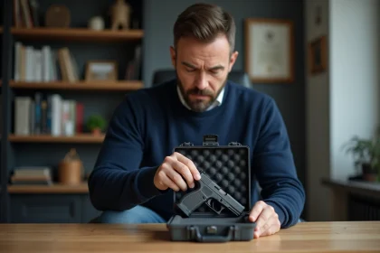 Homme rangeant une arme dans une bo&icirc;te s&eacute;curis&eacute;e &agrave; domicile