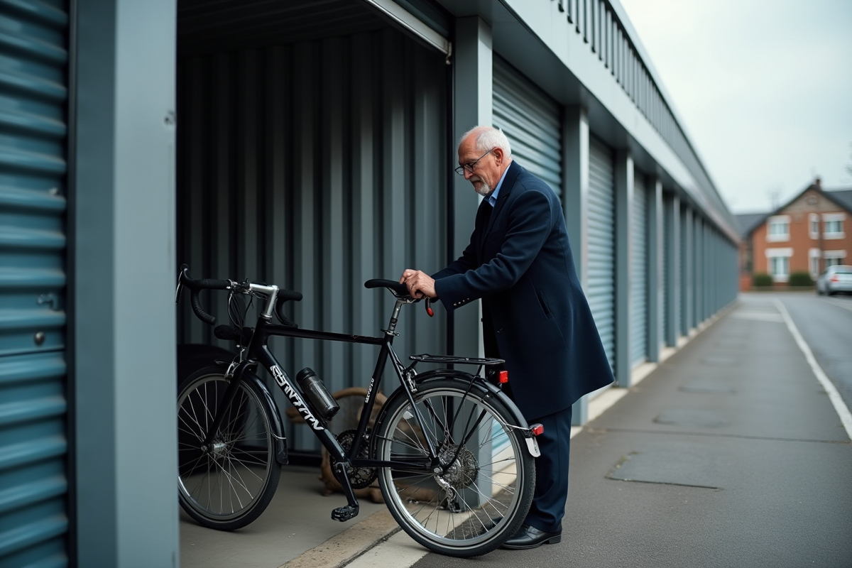 Homme sécurisant un vélo dans un garage de stockage extérieur