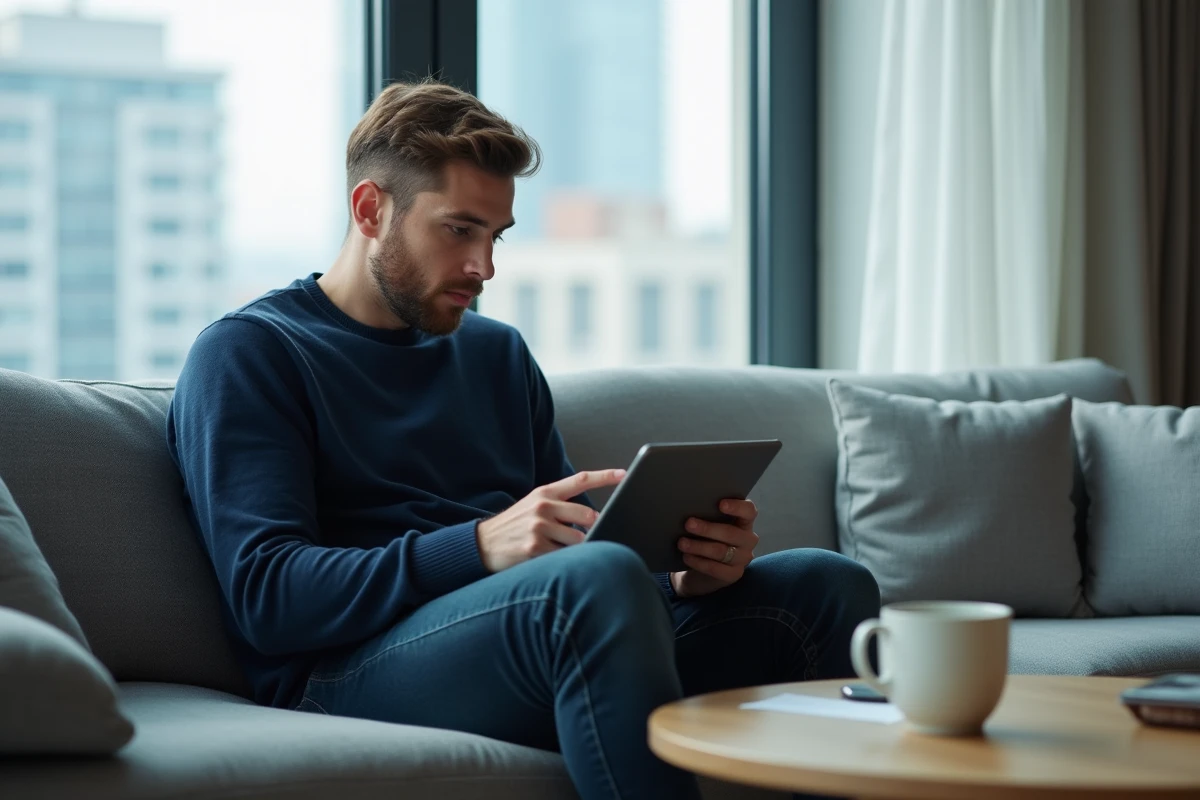 Homme concentré utilisant une tablette pour accéder aux liens de dés gratuits Monopoly GO dans un salon moderne
