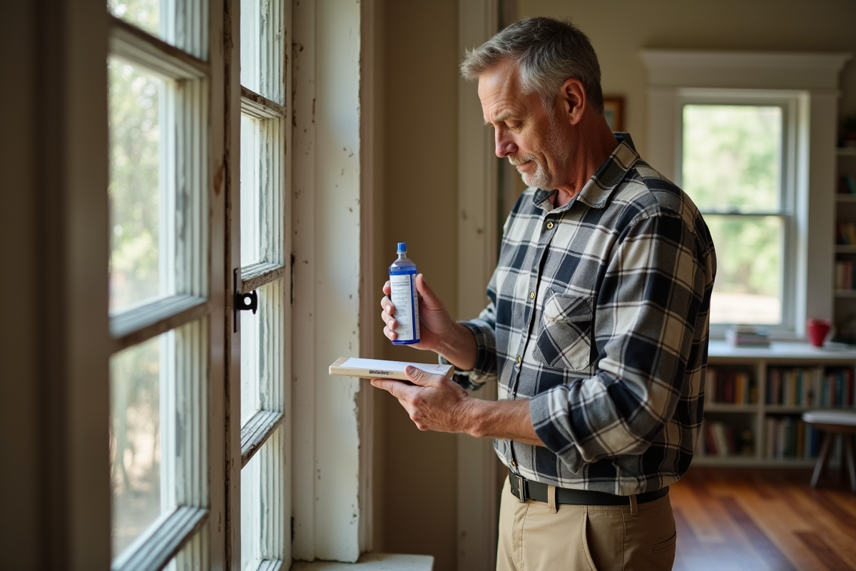 Homme utilisant un kit de test sur une fenêtre ancienne