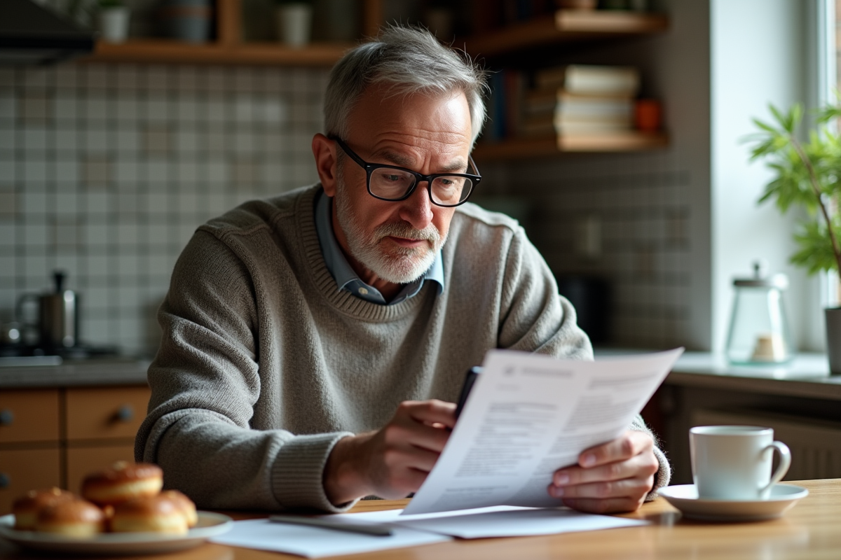 Homme utilisant smartphone pour traduire un document à la maison