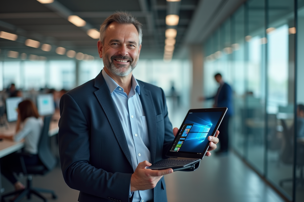 Homme d affaires avec tablette dans un bureau spacieux